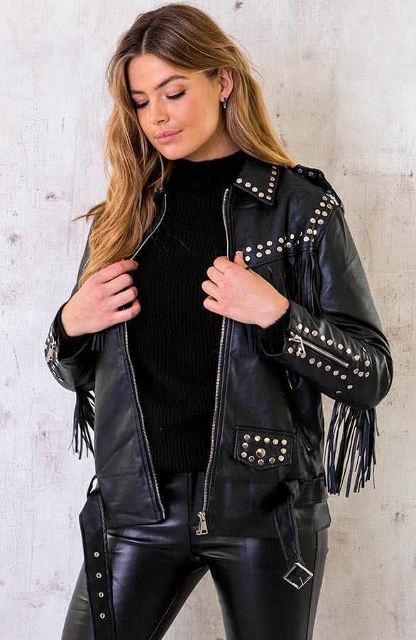 Oversized Leather Fringe Jacket Schwarz, Shoparchiv, Foto 2