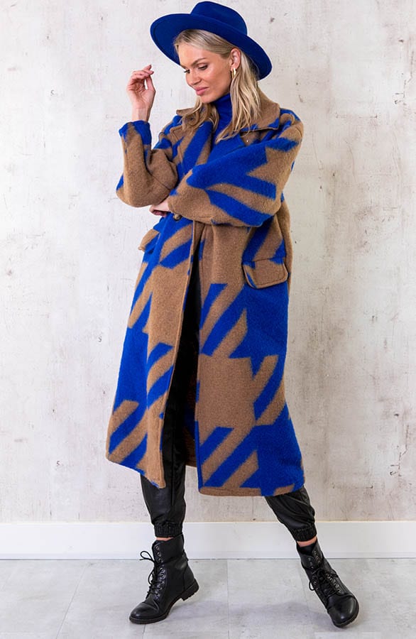 Oversized Woven Coat Long Blauw Camel – shoparchief, foto 2