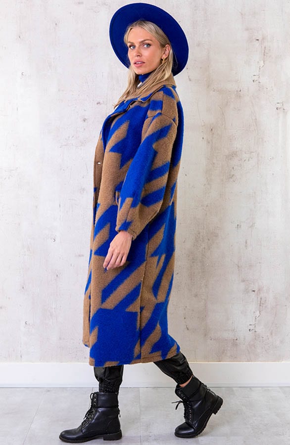 Oversized Woven Coat Long Blauw Camel – shoparchief, foto 3