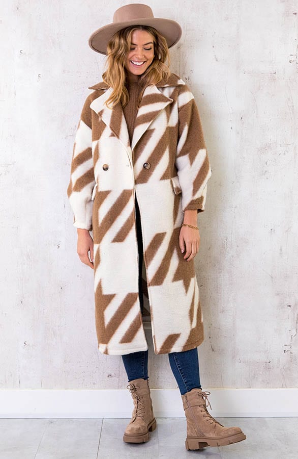 Oversized Woven Coat Long Camel Ecru – shoparchief, foto 1