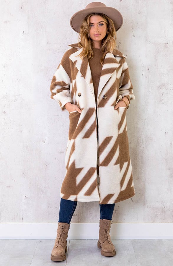 Oversized Woven Coat Long Camel Ecru – shoparchief, foto 2