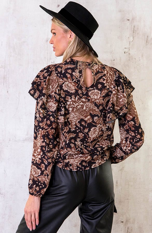 Ruffle Bloemen Blouse Choco – shoparchief, foto 4