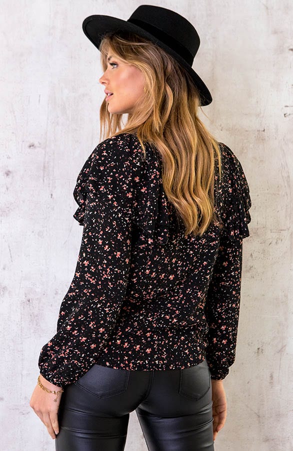 Ruffle Bloemen Blouse Zwart – shoparchief, foto 1