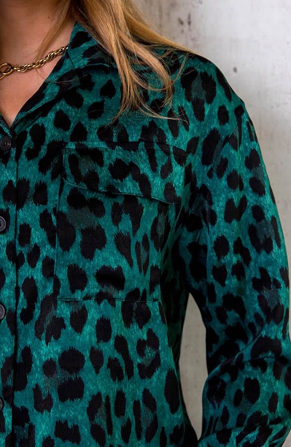Silk Leopard Pocket Blouse Smaragd – shoparchief, foto 5