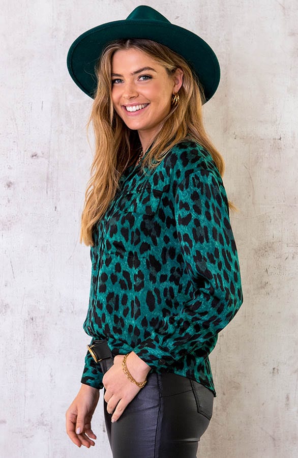 Silk Leopard Pocket Blouse Smaragd – shoparchief, foto 3