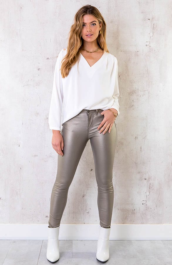 V-hals Gouden Knopen Blouse Ecru – shoparchief, foto 3