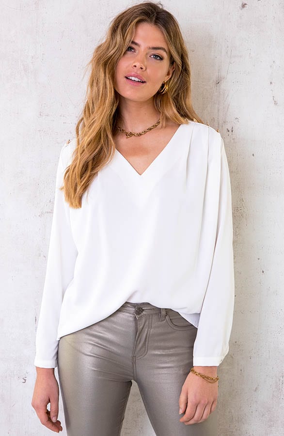 V-hals Gouden Knopen Blouse Ecru – shoparchief, foto 1