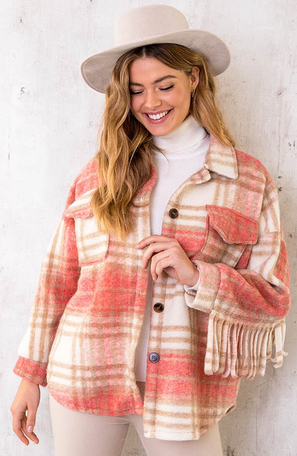 Woven Fringe Jacket Geblokt Roze – shoparchief, foto 1