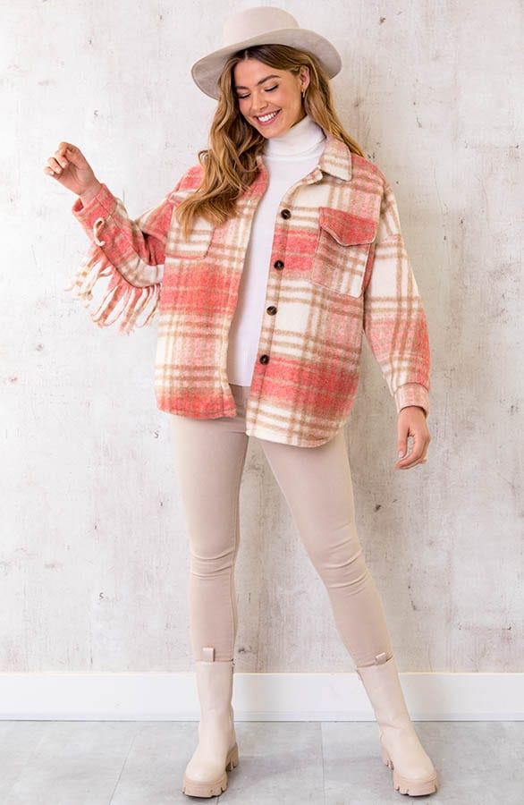 Woven Fringe Jacket Geblokt Roze – shoparchief, foto 2