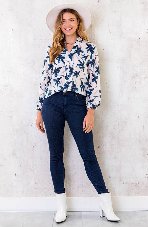 Bloemen Blouse Dames Ecru Blauw – shoparchief, foto 7