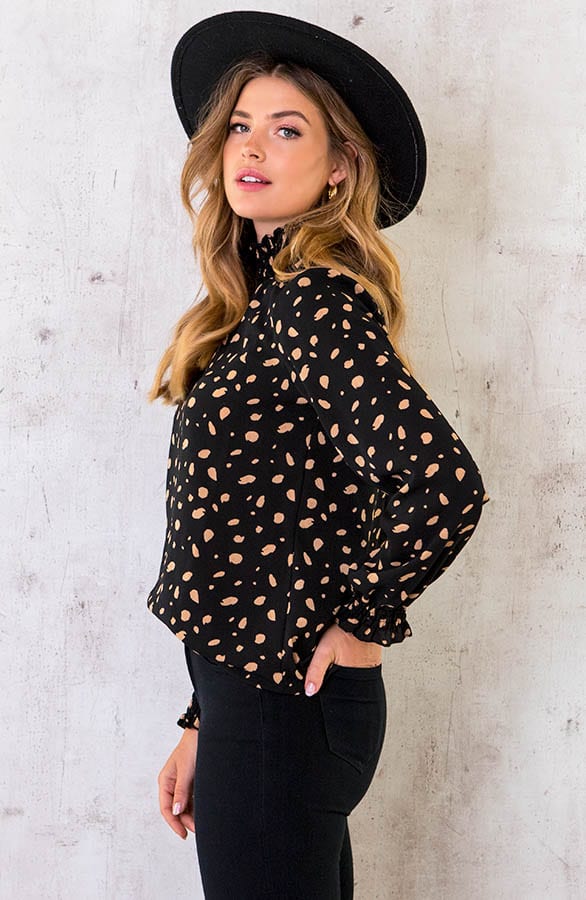 Col Blouse Stippenprint Camel – shoparchief, foto 3