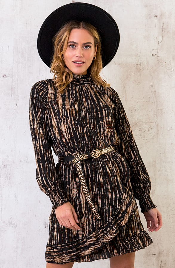 Col Jurk Overslag Print Deluxe Cognac – shoparchief, foto 1