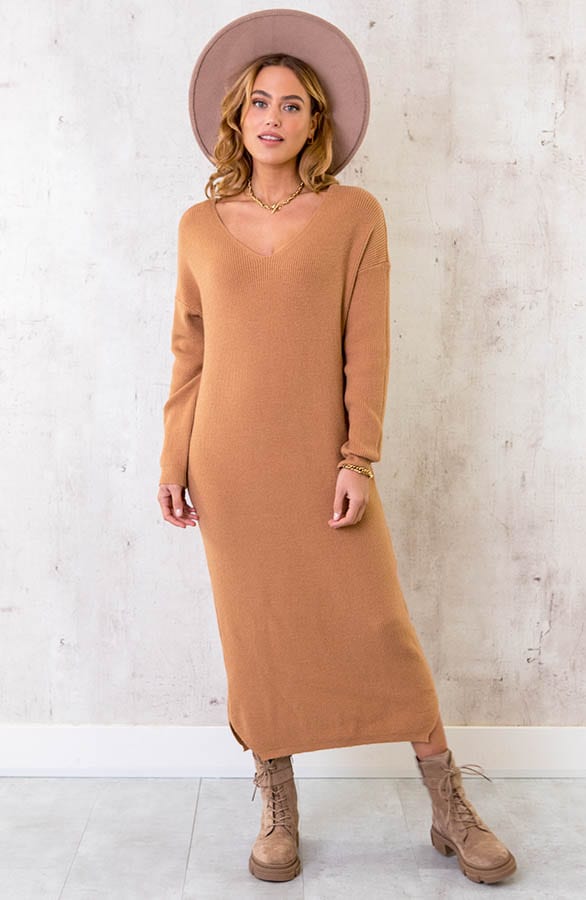 Gebreide Jurk Met V-hals Camel – shoparchief, foto 1