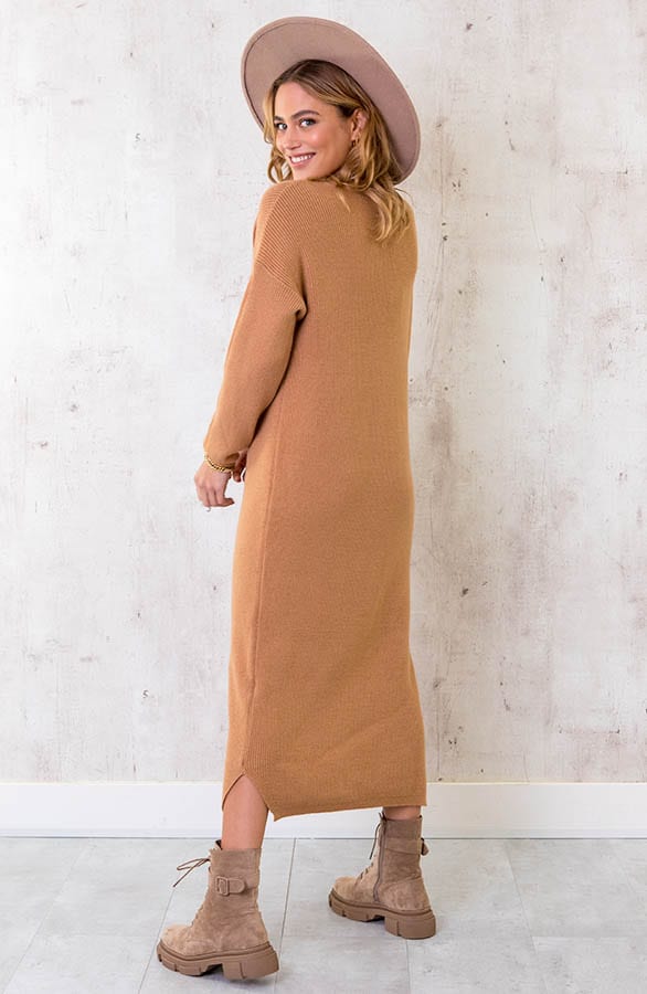 Gebreide Jurk Met V-hals Camel – shoparchief, foto 3