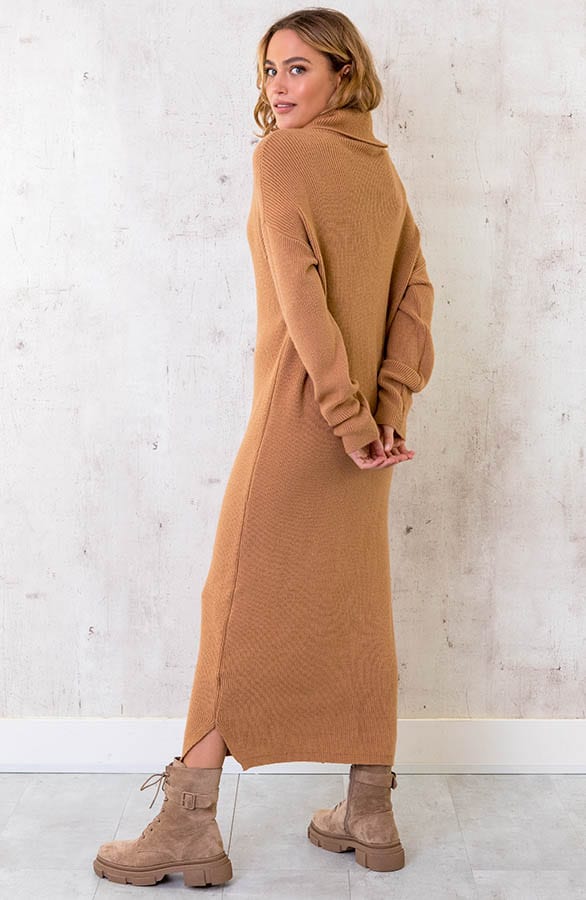 Lange Gebreide Col Jurk Camel – shoparchief, foto 3