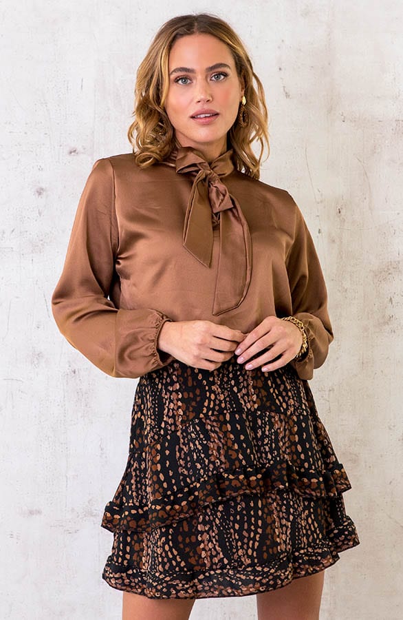 Satijnen Strik Blouse Cognac – shoparchief, foto 1