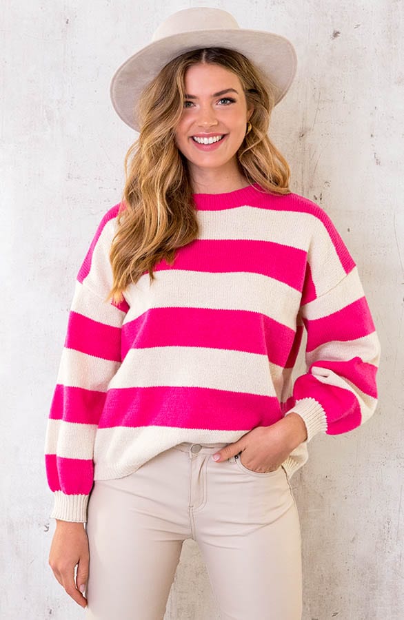 Strepen Trui Beige Fuchsia – shoparchief, foto 1