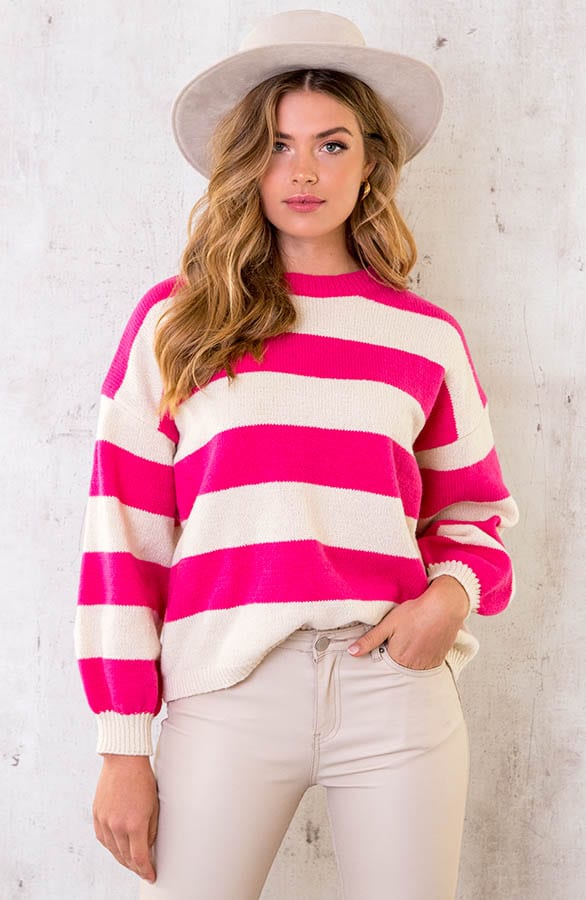 Strepen Trui Beige Fuchsia – shoparchief, foto 2