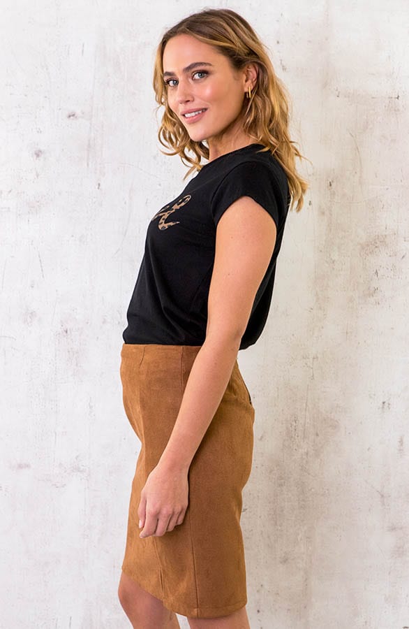 Suede Rok Met Split Cognac – shoparchief, foto 3