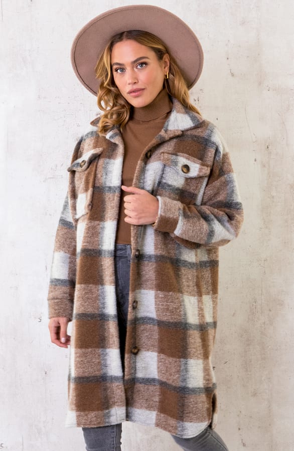 Woven Coat Geblokt Beige – shoparchief, foto 1