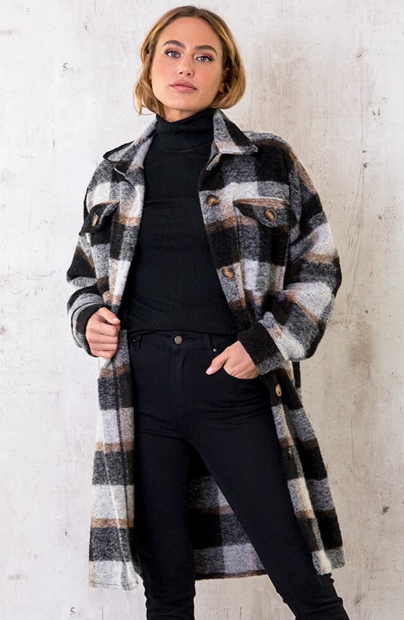 Woven Coat Geblokt Zwart – shoparchief, foto 1