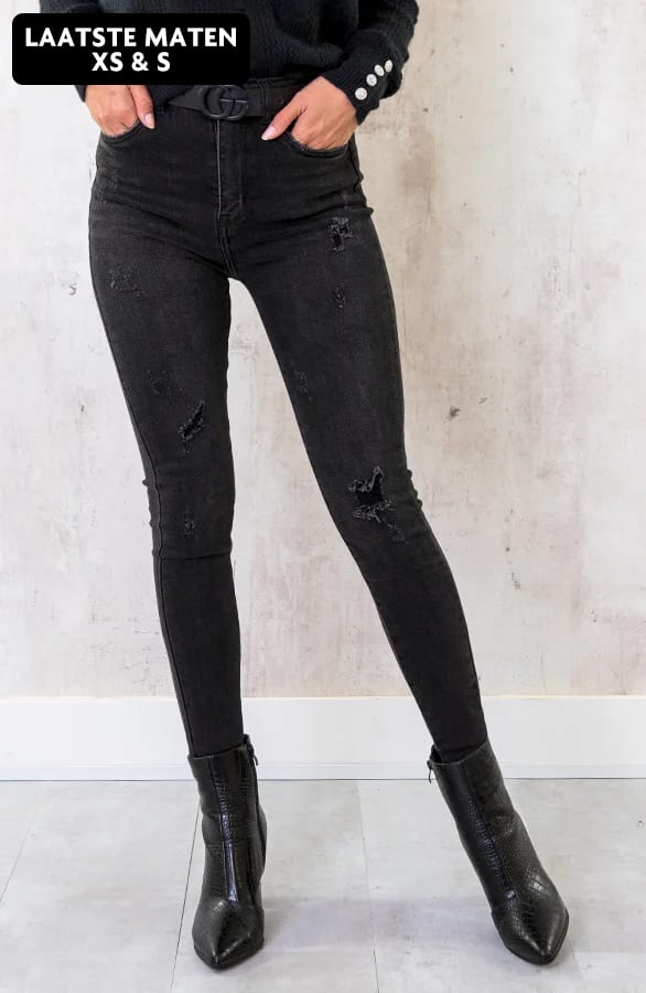 High Waist Skinny Jeans Damaged Donkergrijs – shoparchief, foto 1