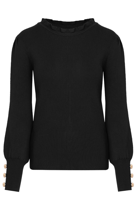 Ruffle Knopen Longsleeve Zwart – shoparchief, foto 1