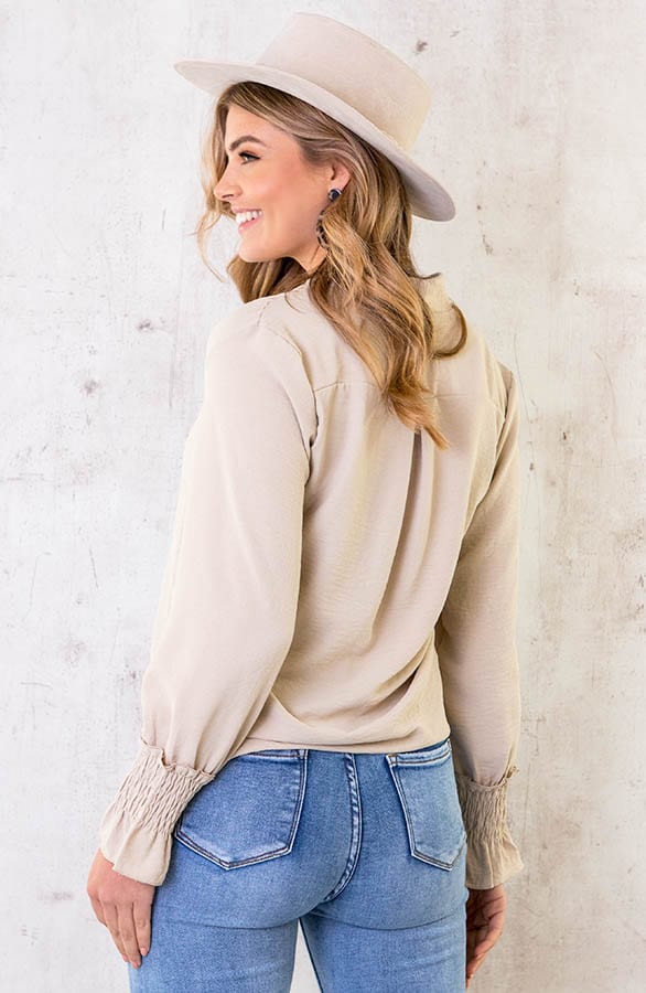Basic V-hals Blouse Beige – shoparchief, foto 4