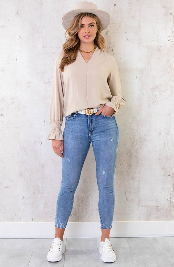 Basic V-hals Blouse Beige – shoparchief, foto 6