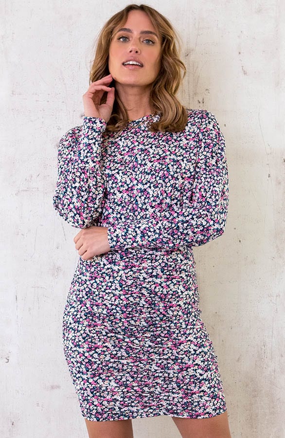 Bloemen Plooien Jurk Marine Fuchsia – shoparchief, foto 2