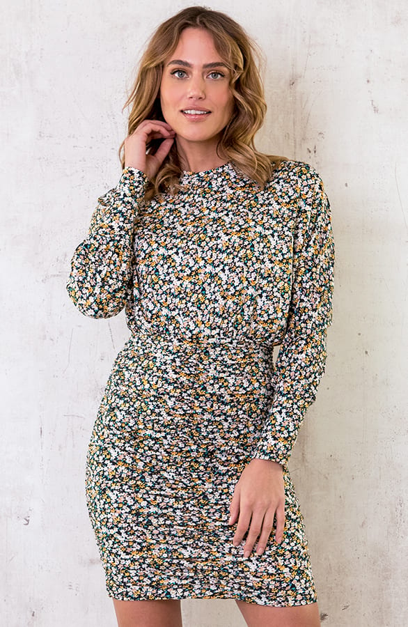 Bloemen Plooien Jurk Zwart Geel – shoparchief, foto 1