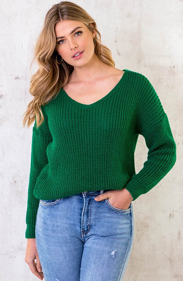 Gebreide Basic V-trui Bright Green – shoparchief, foto 2
