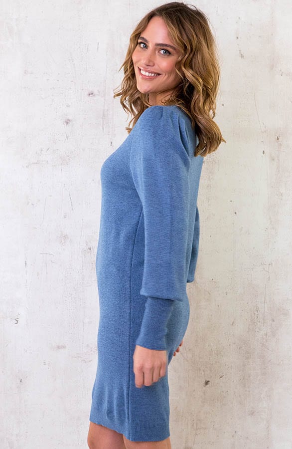 Knitted Jurk Met Pofmouwen Jeansblauw – shoparchief, foto 3