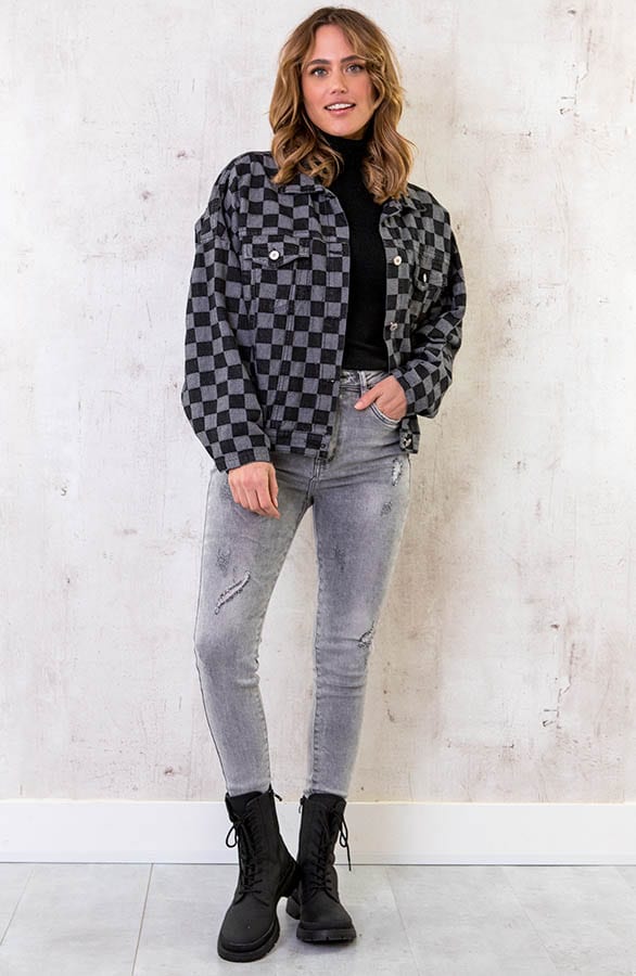 Oversized Denim Jacket Geblokt Black – shoparchief, foto 6