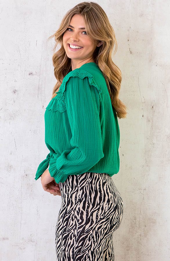 Oversized Katoenen Kanten Blouse Bright Green – shoparchief, foto 3