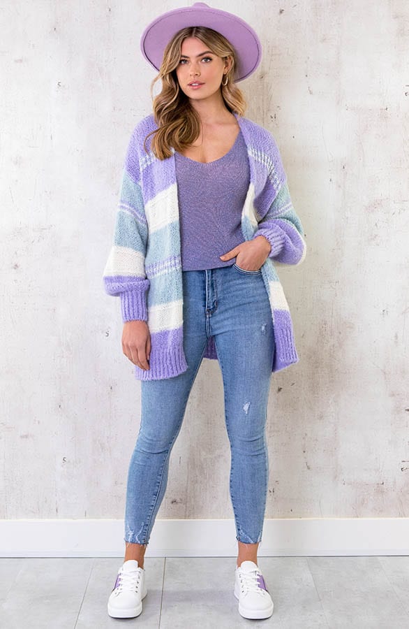 Oversized Knitted Strepen Vest Lila – shoparchief, foto 6