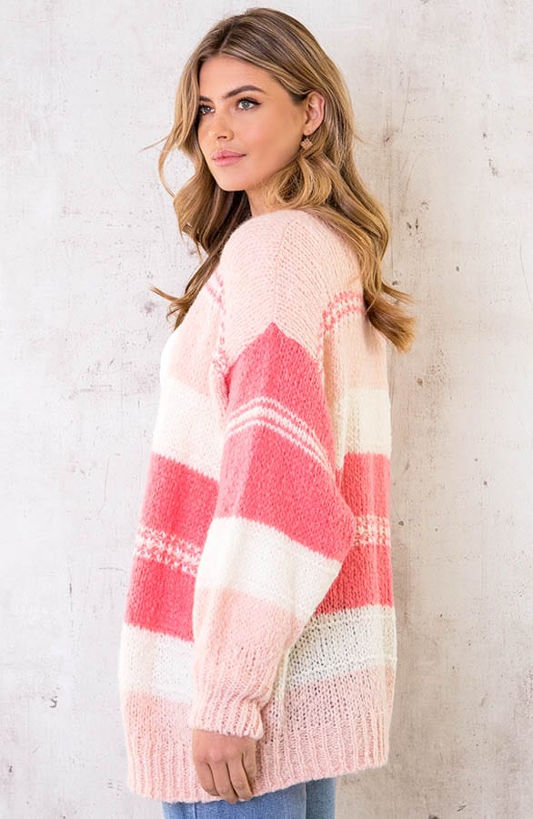 Oversized Knitted Strepen Vest Roze – shoparchief, foto 1