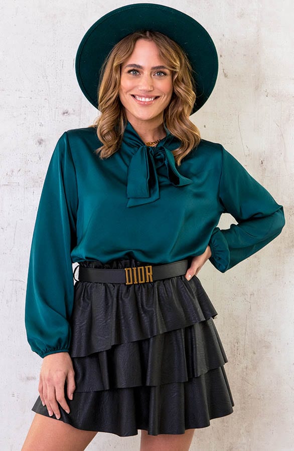Satijnen Strik Blouse Smaragd – shoparchief, foto 1