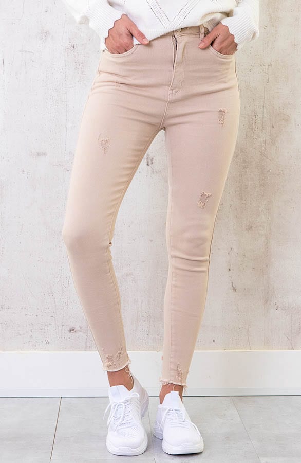 Skinny Jeans High Waist Damaged Beige – shoparchief, foto 1