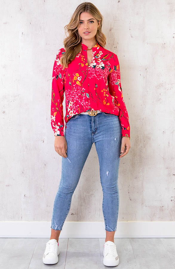 V-hals Bloemen Blouse Fuchsia – shoparchief, foto 6