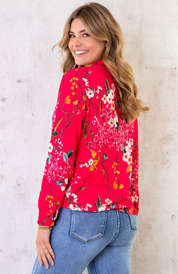 V-hals Bloemen Blouse Fuchsia – shoparchief, foto 4