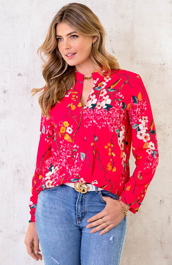 V-hals Bloemen Blouse Fuchsia – shoparchief, foto 2