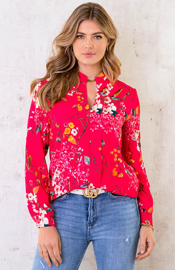V-hals Bloemen Blouse Fuchsia – shoparchief, foto 1