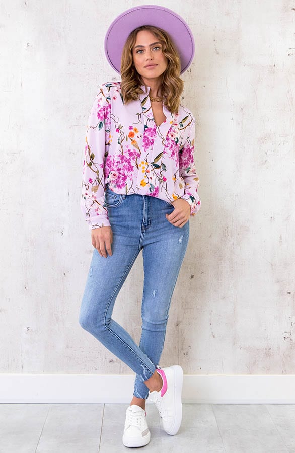 V-hals Bloemen Blouse Lila – shoparchief, foto 6