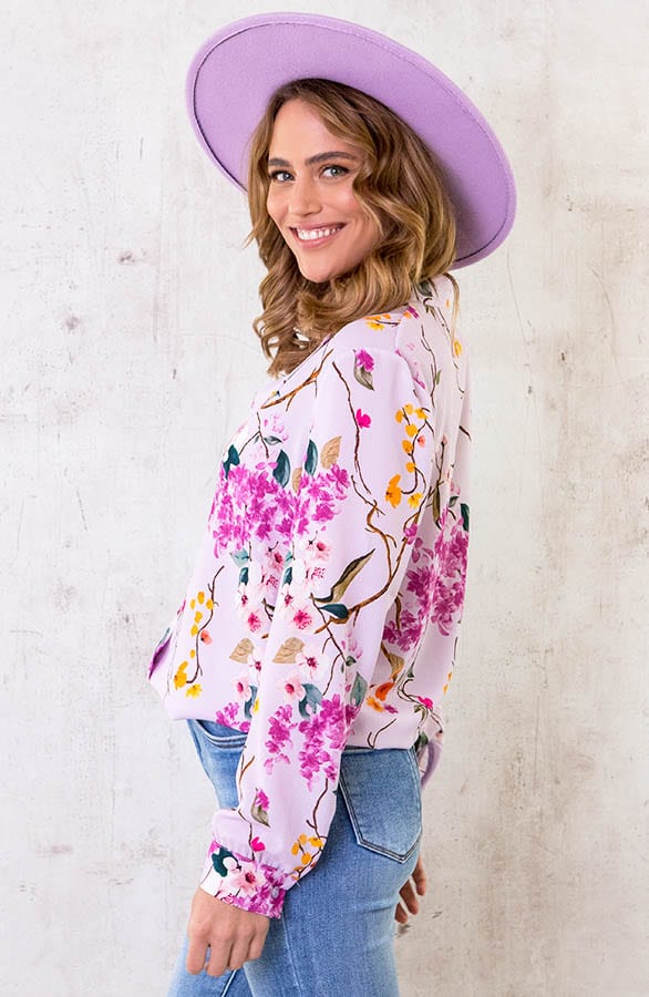 V-hals Bloemen Blouse Lila – shoparchief, foto 3