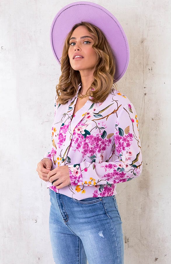 V-hals Bloemen Blouse Lila – shoparchief, foto 2