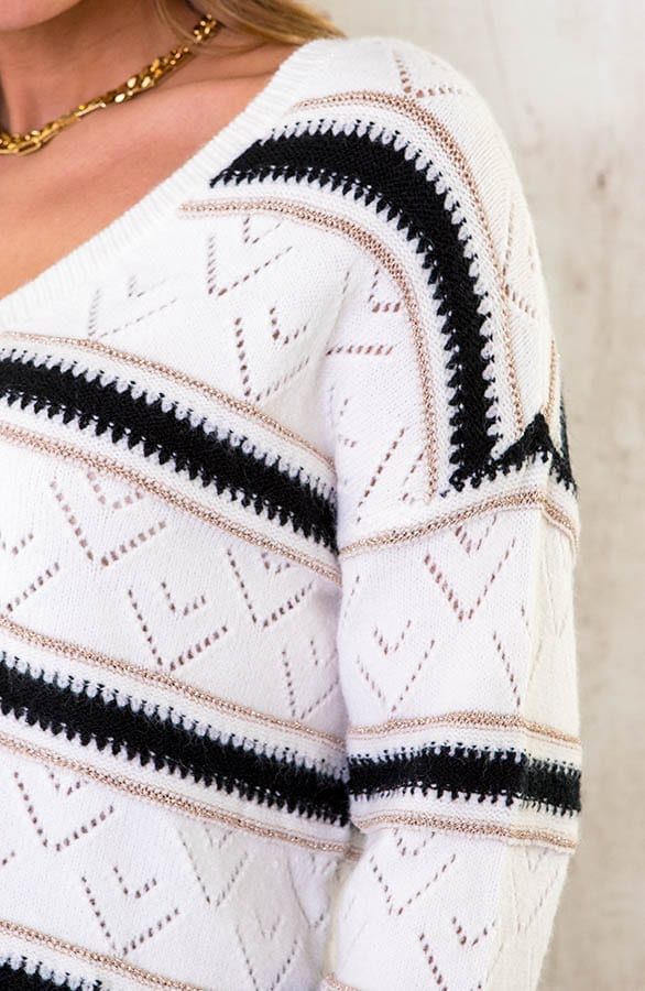 V-hals Gehaakte Lurex Trui Ecru – shoparchief, foto 4