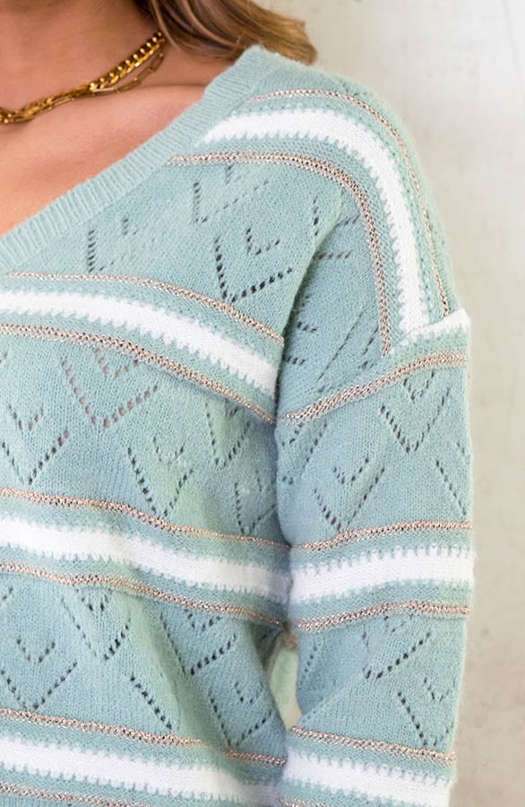 V-hals Gehaakte Lurex Trui Mint – shoparchief, foto 4