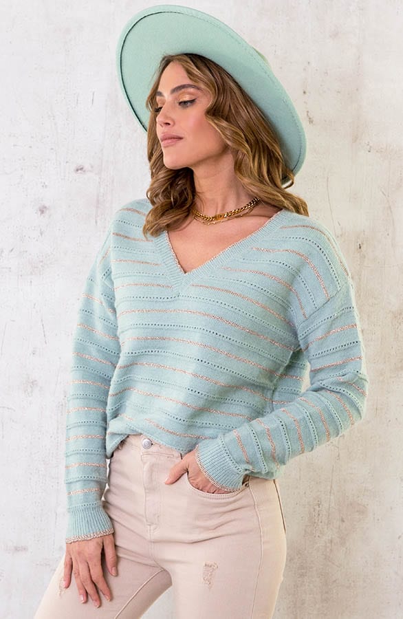 V-hals Strepen Lurex Trui Mint – shoparchief, foto 3