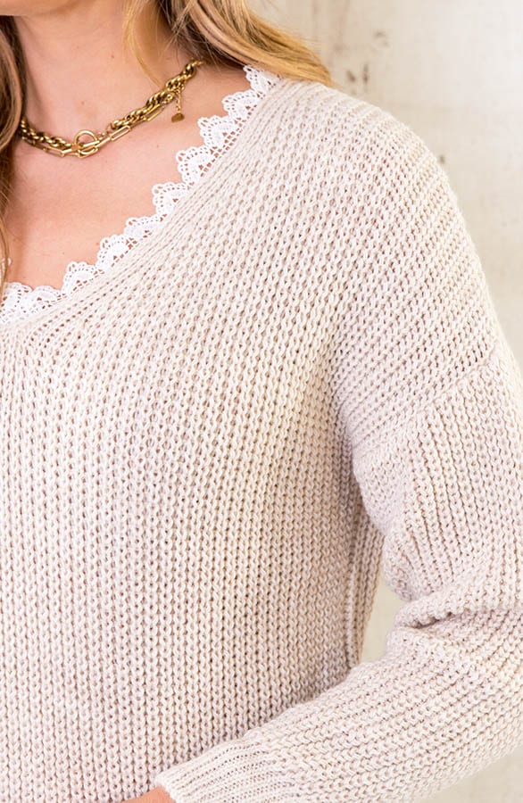 Basic Kanten V-hals Trui Beige – shoparchief, foto 5